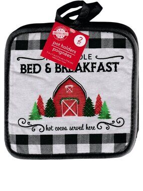 North Pole Bed and Breakfast Hot Pad 7 x 7 inch Hot cocoa served her Black White